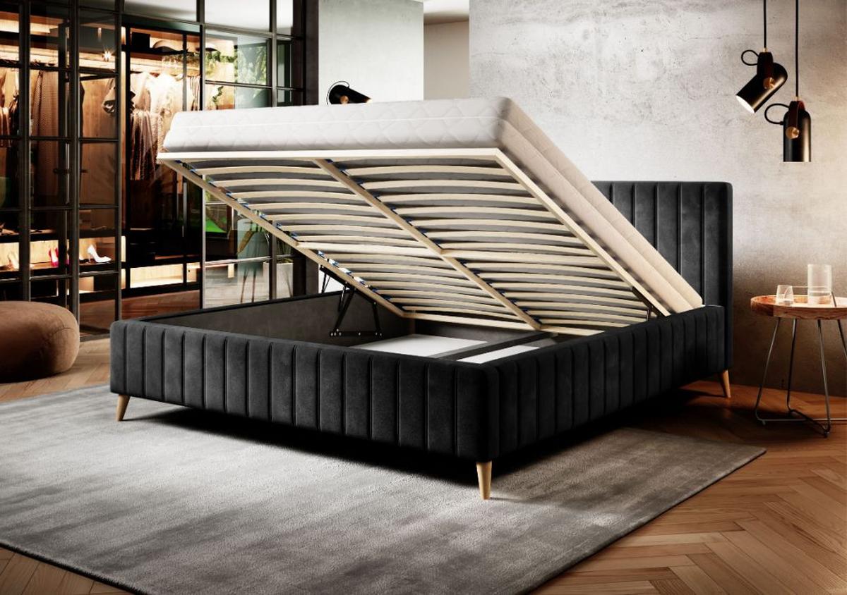 Postel Tamina s roštem a úložným prostorem 180x200cm - tmavě šedá/přírodní barvy, Design, dřevo/textil (180/200cm)