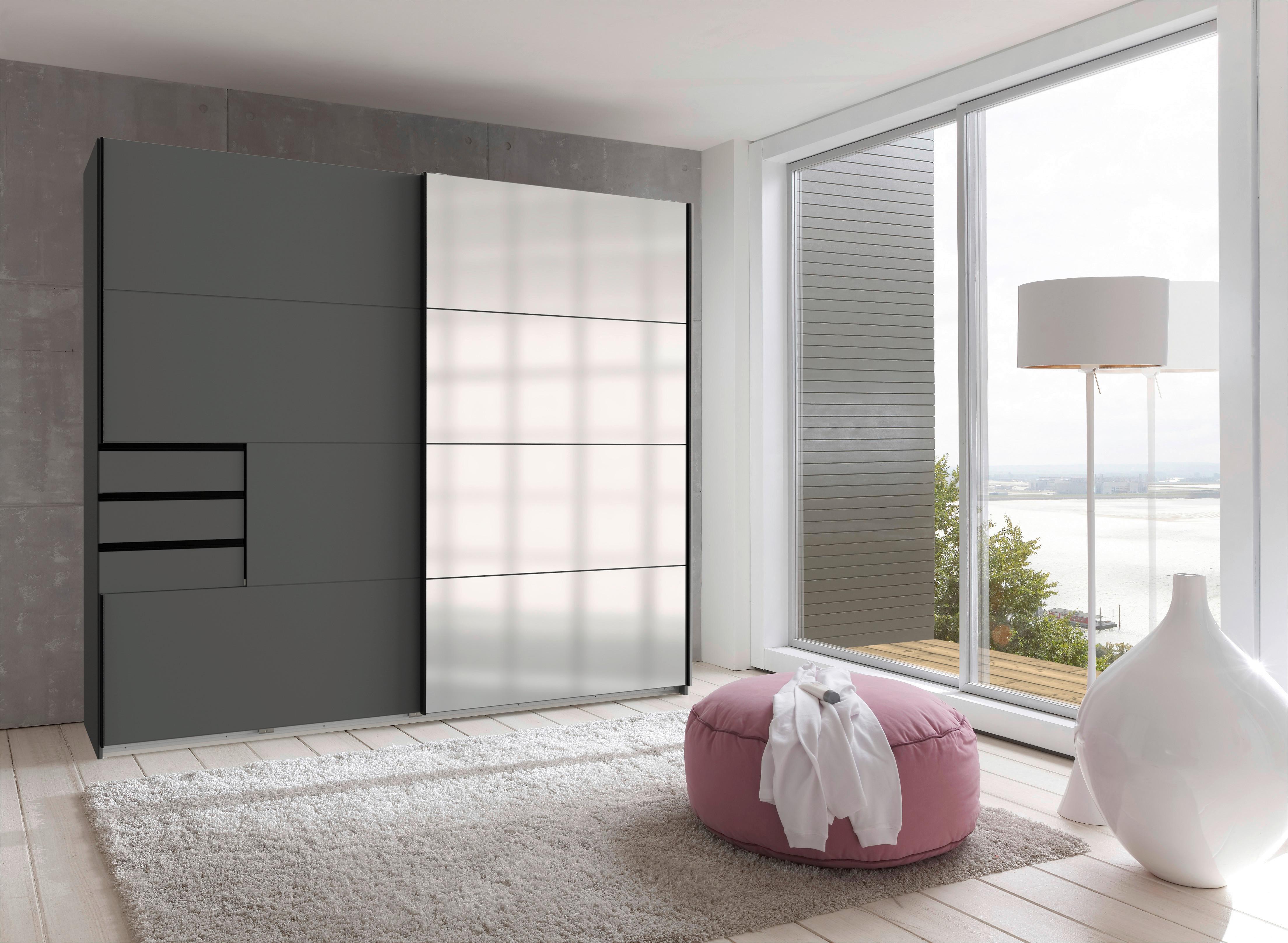 Skříň s posuv. dveřmi SAIGON grafit/zrcadlo š. 225 cm - barvy stříbra/černá, Konvenční, kov/kompozitní dřevo (225/208/64cm) - Premium Living