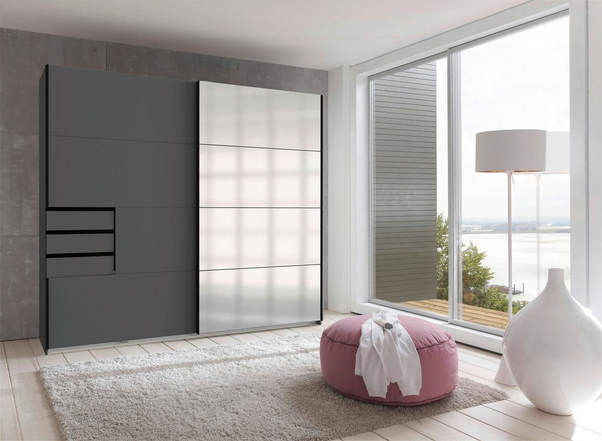 Skříň s posuv. dveřmi SAIGON grafit/zrcadlo š. 225 cm - barvy stříbra/černá, Konvenční, kov/kompozitní dřevo (225/208/64cm) - Premium Living