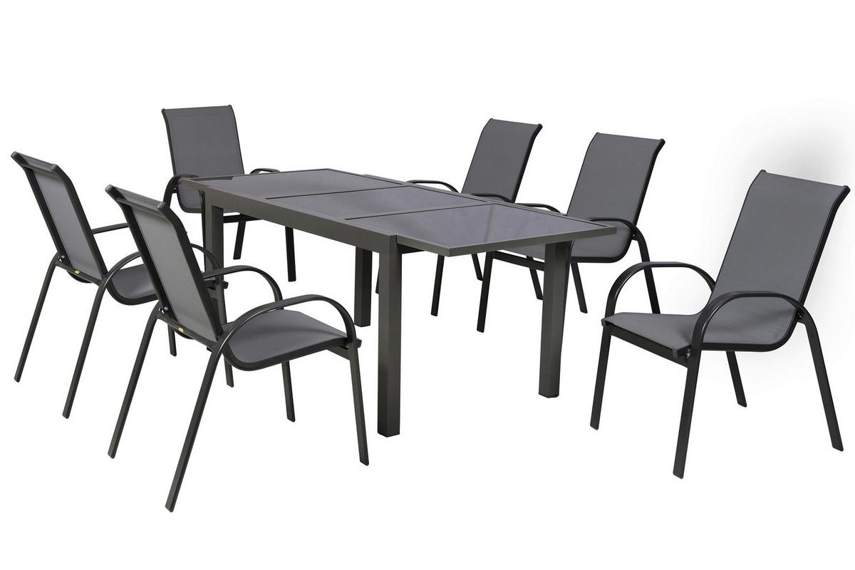 Gartentischgruppe Amalfi 7 -Teilig. Graphitfarben/Grau - Graphitfarben/Grau, KONVENTIONELL, Glas/Textil - Gardenson