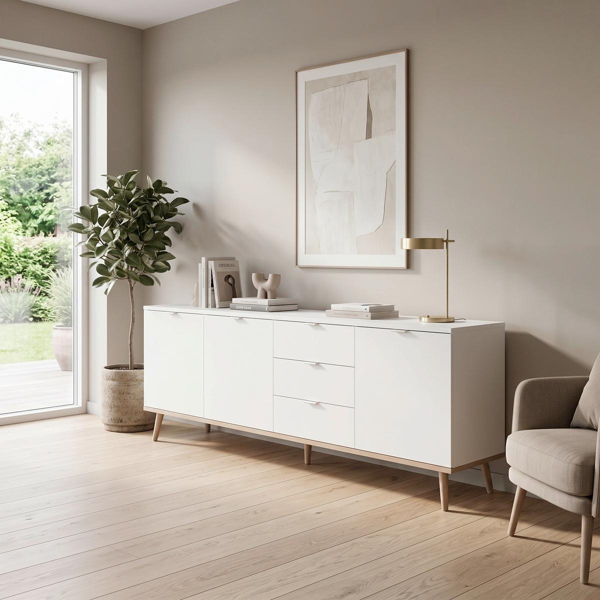 Sideboard Dekor m. 3 Laden 200cm Göteborg 57 Sonoma Eiche - Weiß/Sonoma Eiche, KONVENTIONELL, Holzwerkstoff (200/68/40cm) - MID.YOU