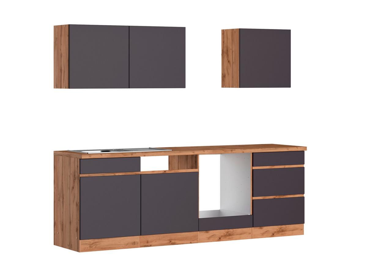 Küchenzeile Turin ohne Geräte B: 240cm Grau/Wotaneiche Dekor - Eiche Wotan/Grau, Design, Holzwerkstoff (240cm) - Held