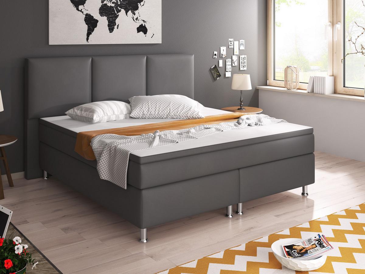 Boxspringbett Mit Topper Lederlook 180x200 Oslo - Anthrazit/Silberfarben, KONVENTIONELL, Leder/Textil (180/200cm) - MID.YOU