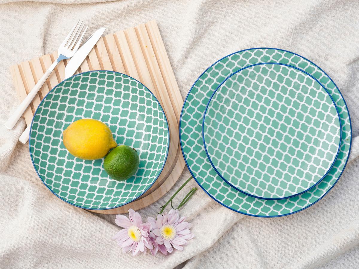 Tafelservice Keramik, Weiß/Petrol, 12--Teilig. - Petrol/Weiß, Basics, Keramik - Creatable