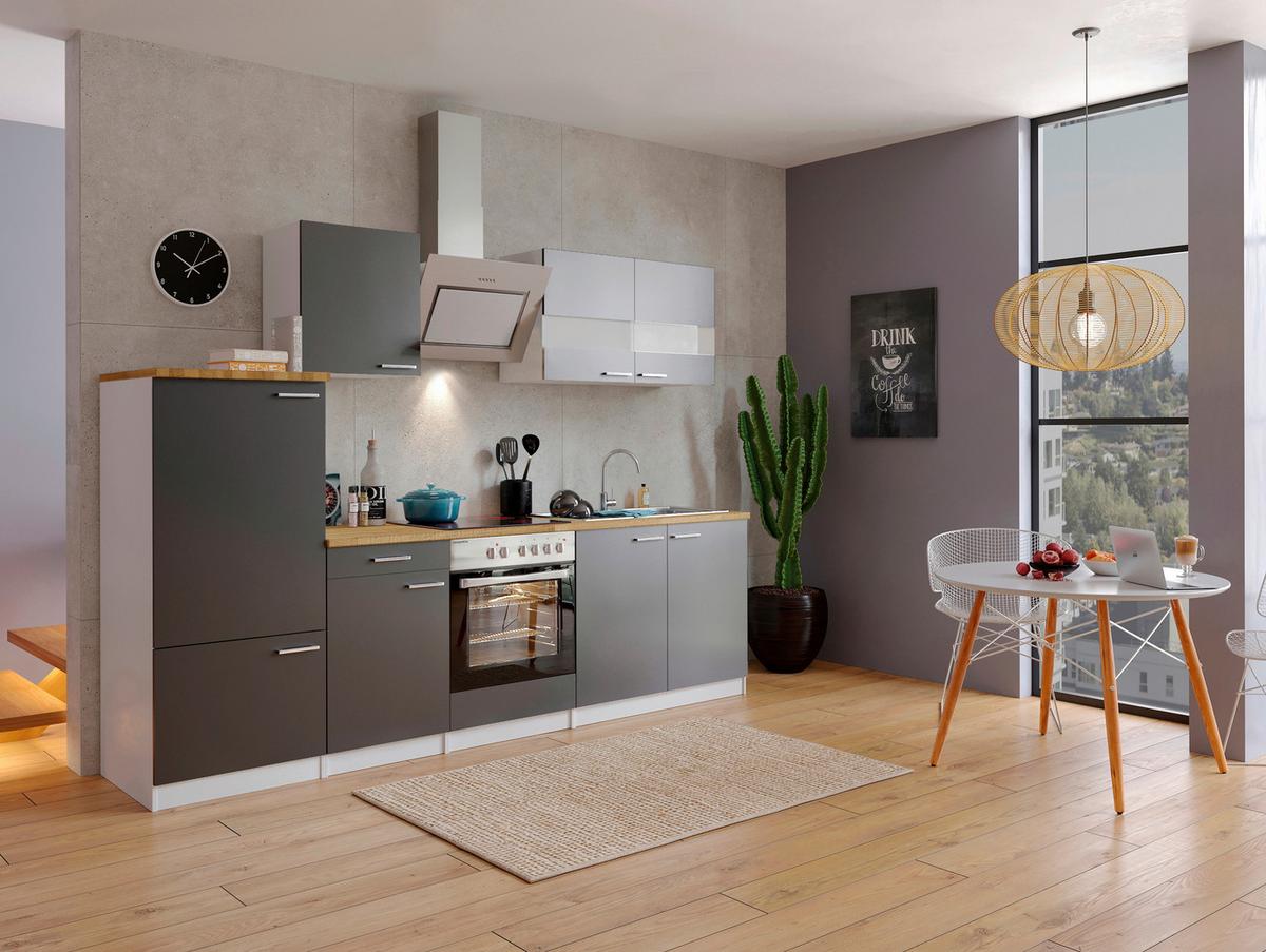Küchenzeile Economy M. Geräten 270 Cm Grau/nussbaum Dekor - Nussbaumfarben/Weiß, Basics, Holzwerkstoff (270cm) - Respekta
