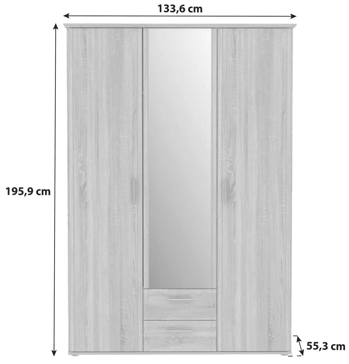 Drehtürenschrank Mit Spiegel 134cm Gloria, Sonoma Dekor - Sonoma Eiche, KONVENTIONELL, Glas/Holzwerkstoff (134/196/55cm) - MID.YOU