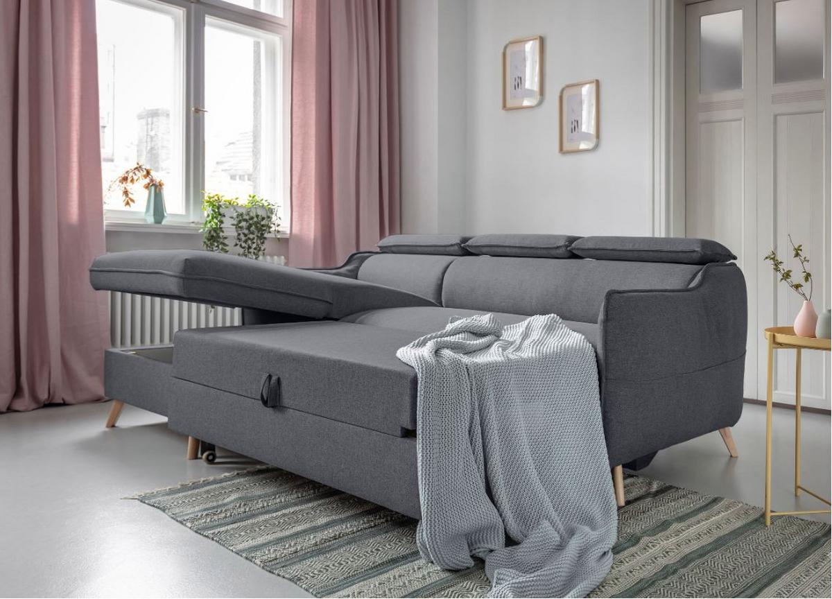 Rozkladacia sedačka Simone, ľavé prevedenie - sivá/prírodná farba, Modern, drevo/textil (228/82/95/162cm)
