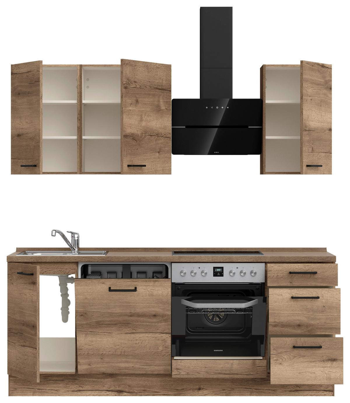 Kuchyňská linka 210 cm, dekor dub Havanna - černá/tmavý dub, Moderní, kov/kompozitní dřevo (210cm) - Nobilia