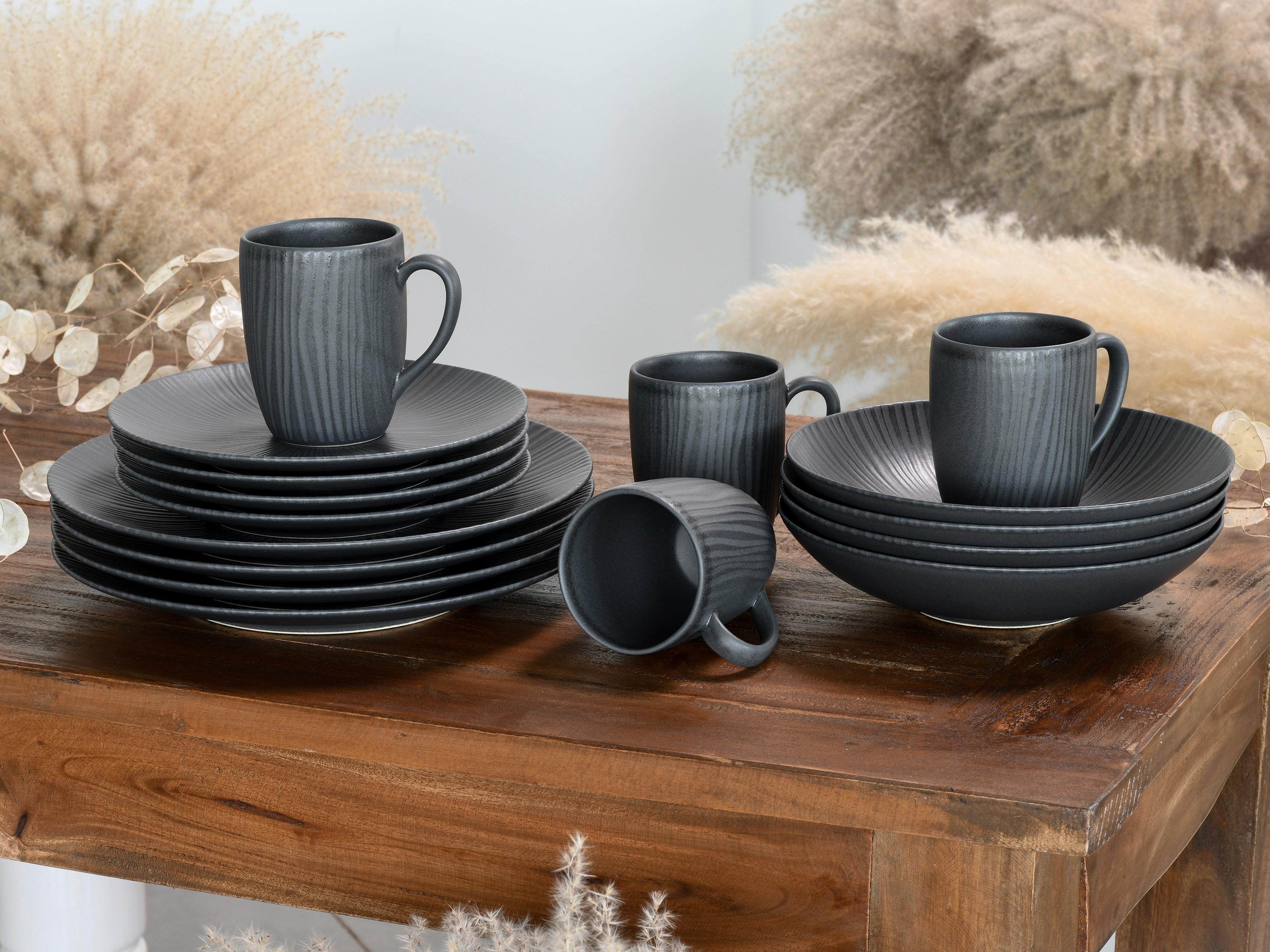 Kombiservice Keramik 4 Personen Geschirr Set - Schwarz/Grau, Trend, Keramik (22/21/27cm) - Creatable