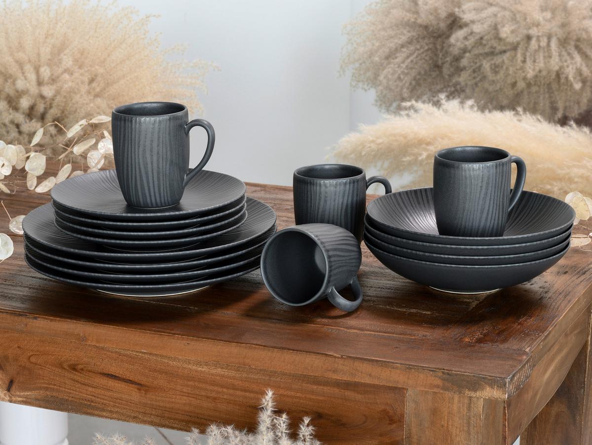 Kombiservice Keramik 4 Personen Geschirr Set - Schwarz/Grau, Trend, Keramik - Creatable