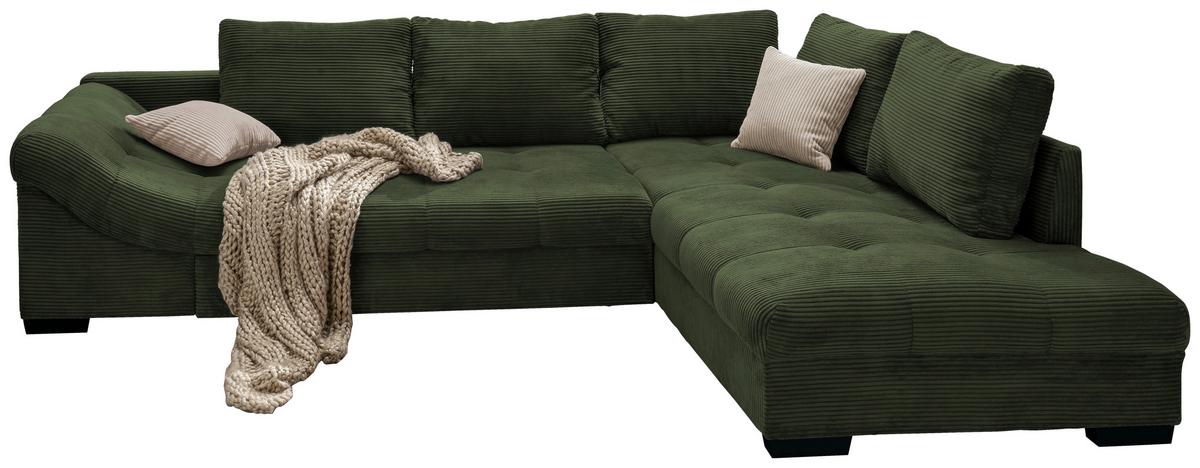 Rohová sedačka ALVITO, pravá, tmavě zelený manšestr - černá/tmavě zelená, Design, dřevo/textil (298/202cm) - MID.YOU