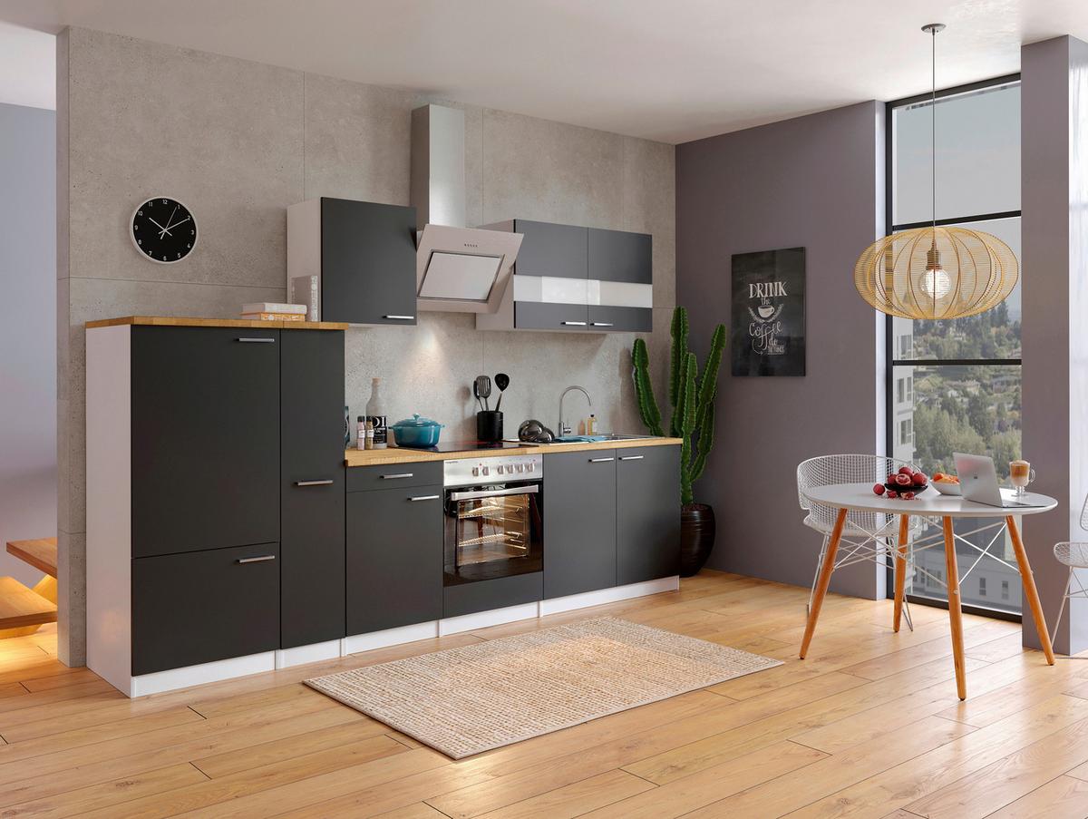 Küchenzeile Economy mit Geräten 300 cm Schwarz/Nussbaum Dekor - Nussbaumfarben/Schwarz, Basics, Holzwerkstoff (300cm) - Respekta