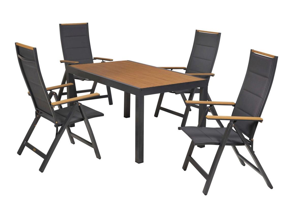 Gartentischgruppe Verona 5 -Teilig. Graphitfarben/grau - Graphitfarben/Naturfarben, KONVENTIONELL, Kunststoff/Textil - Gardenson