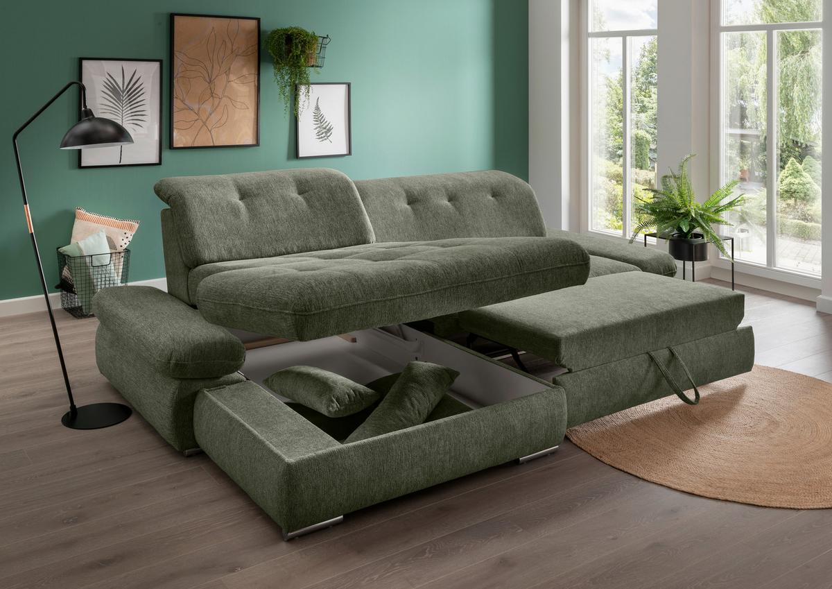 Ecksofa Dalida Dunkelgrün S: 196x300cm - Chromfarben/Dunkelgrün, Design, Textil (196/300cm) - Livetastic