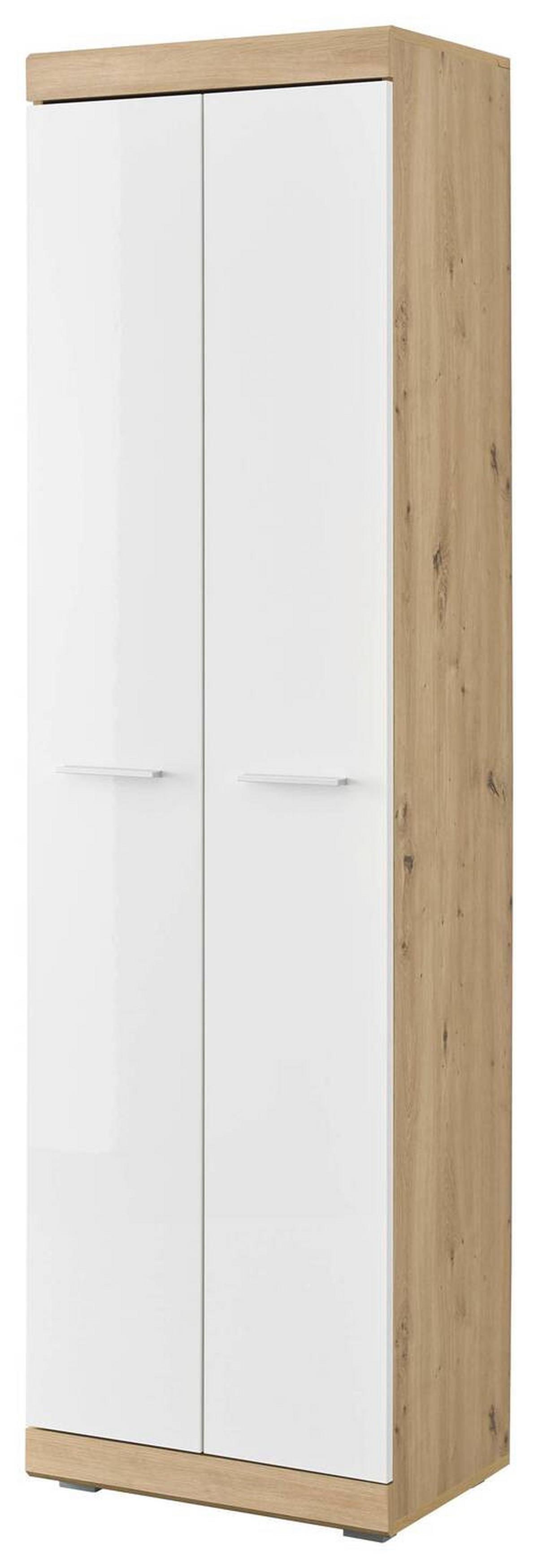 Garderobenschrank Nola Eiche Artisan/Weiß B: 55 cm - Weiß Hochglanz/Silberfarben, Design, Holzwerkstoff (55/195/38cm) - MID.YOU