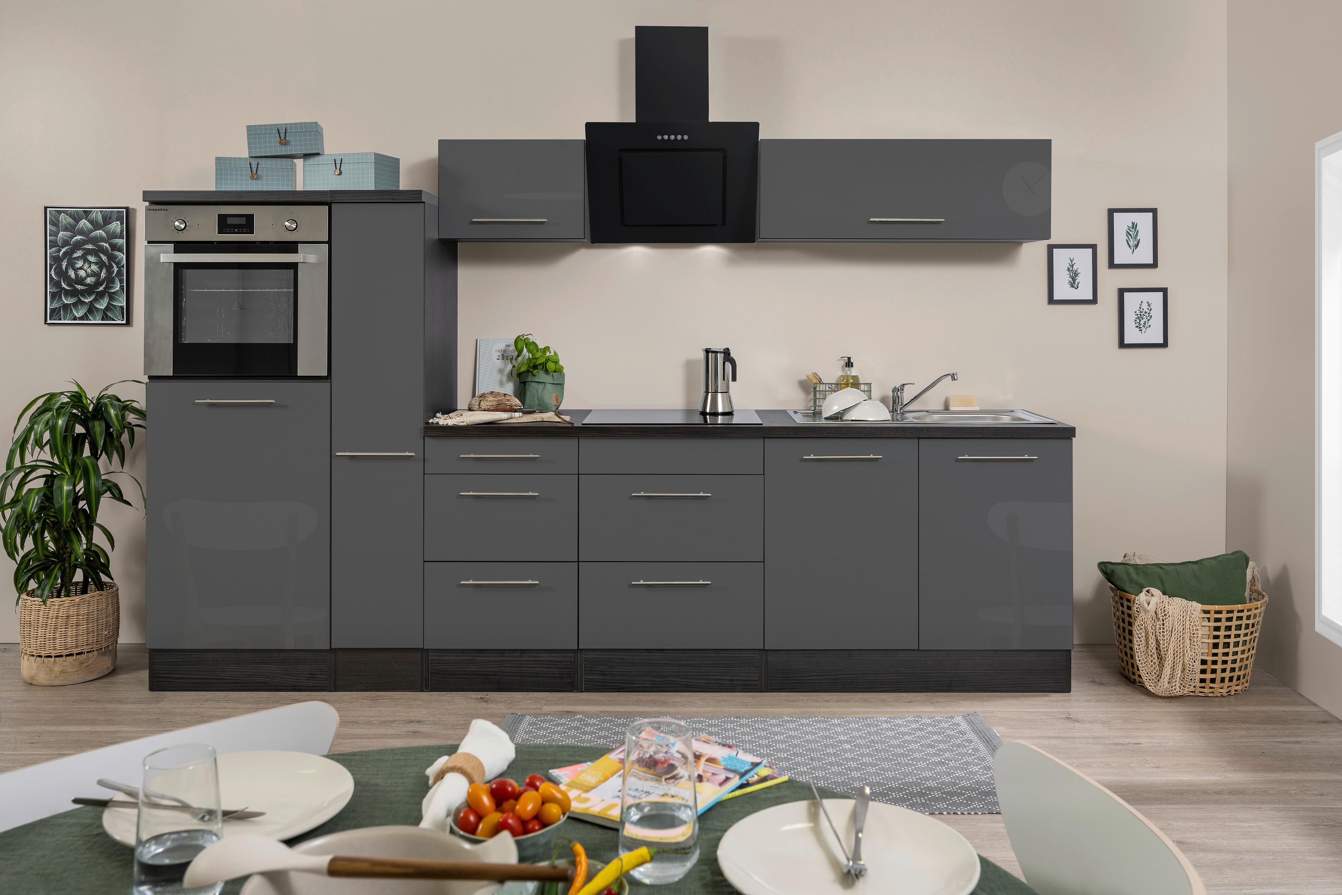 Küchenzeile mit Geräten 300 cm Grau Hochglanz - Eichefarben/Grau, Basics, Holzwerkstoff (300cm) - Respekta