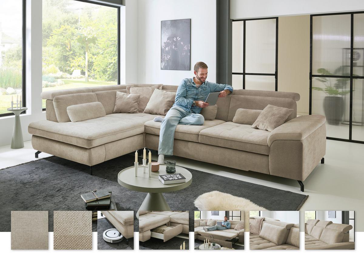 Rohová sedačka MIMA, ľavá, sv.hnedá ženilka, s funkciami - svetlohnedá/čierna, Modern, kov/textil (220/318cm)