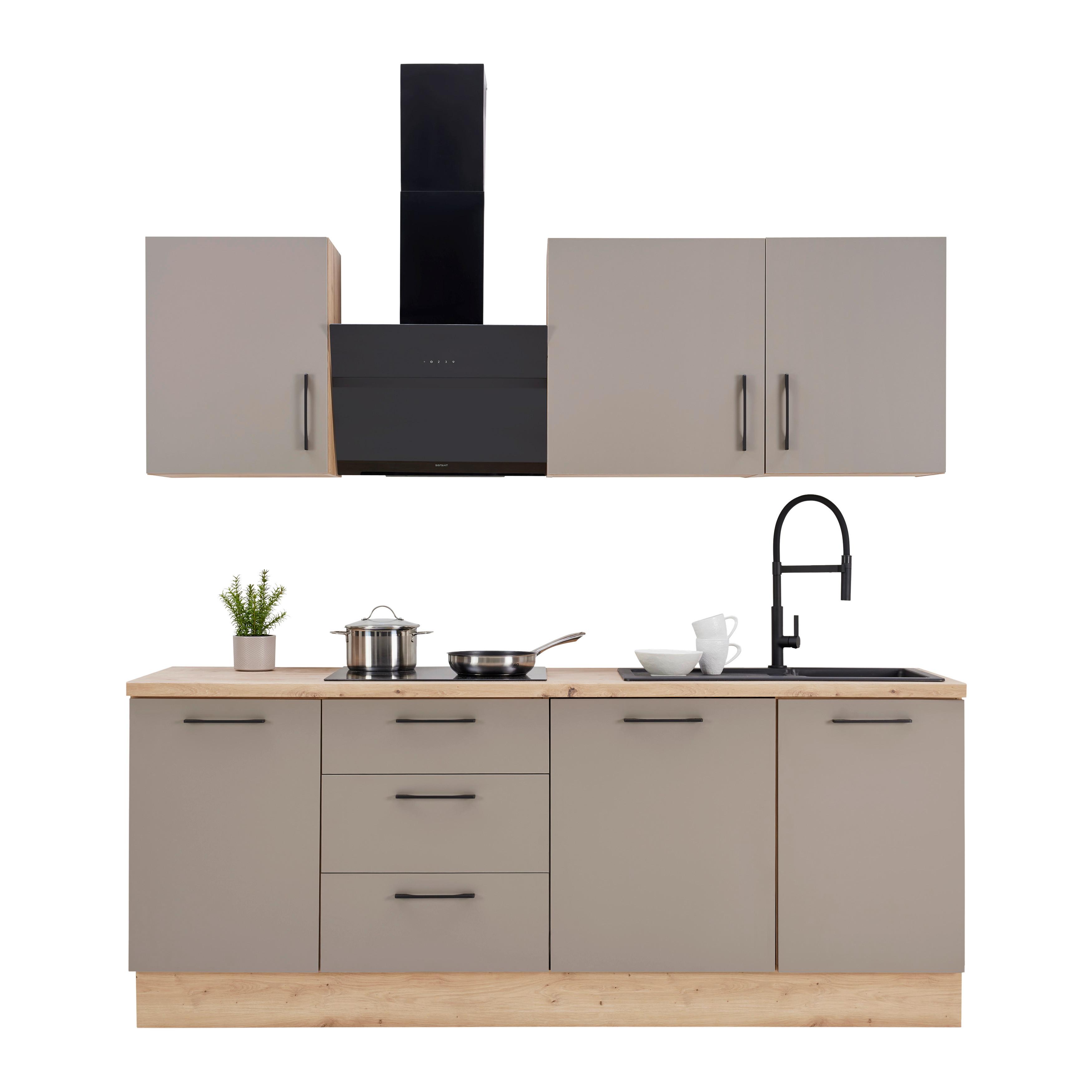 Kuchynský blok LINZ šírka 220 cm, bez spotrebičov - čierna/sivá, Modern, kov/kompozitné drevo (220cm)