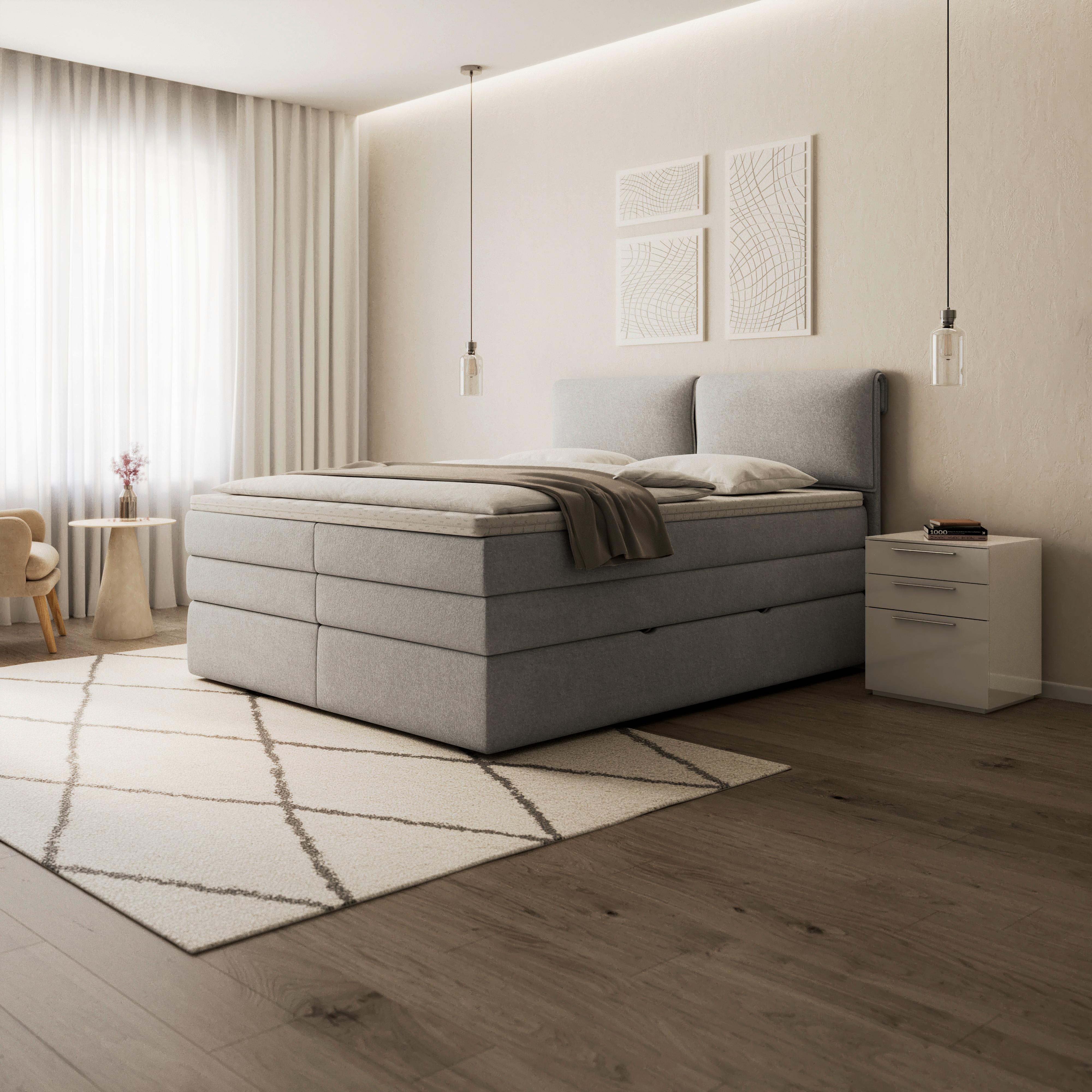 Boxspringová posteľ MOSAMO 180x200 cm, svetlosivá - čierna/svetlosivá, Modern, drevo/kompozitné drevo (180/200cm) - Bessagi Home