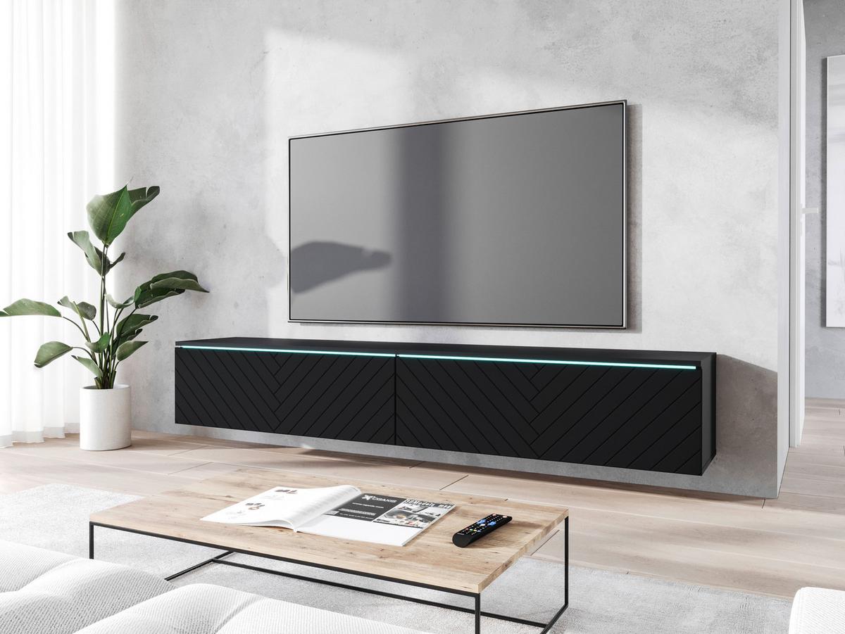 TV-Lowboard B: 180 cm Schwarz mit Fischgräte und Beleuchtung - Schwarz/Grau, Basics, Holzwerkstoff (180/30/33cm) - P & B