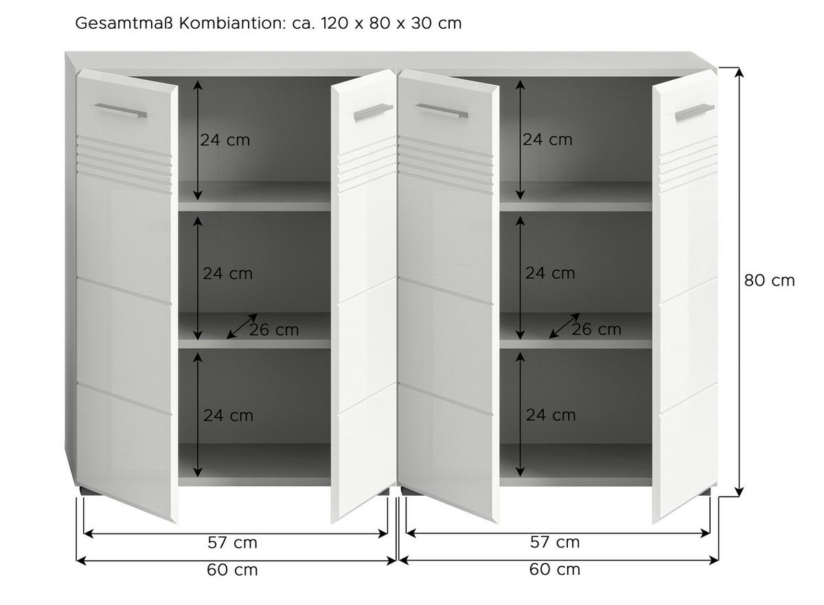 Midischrank Copa Grau Weiß Hg B: 120 Cm - Weiß Hochglanz/Schwarz, MODERN, Holzwerkstoff (120/80/30cm) - MID.YOU