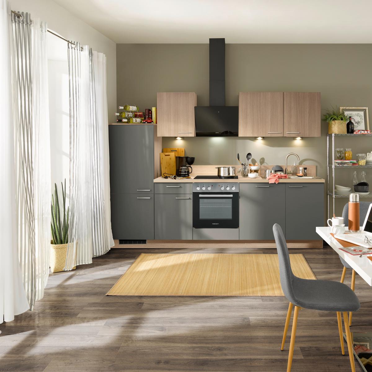 Küchenzeile Win/plan Mit Geräten 280 Cm Eiche/anthrazit - Basics, Holzwerkstoff (280cm) - Express