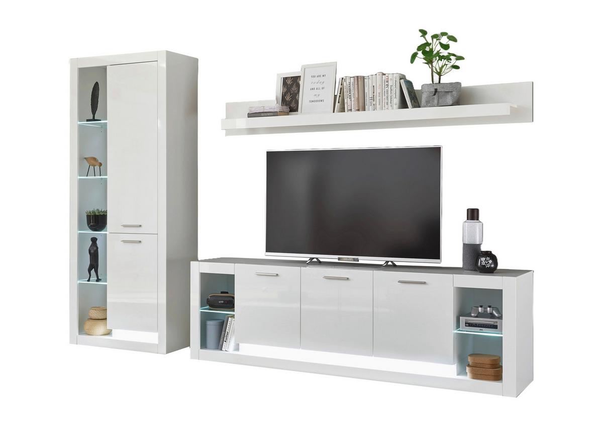 Wohnwand Meran Weiß/Weiß HG - Weiß Hochglanz/Weiß, Design, Glas/Holzwerkstoff (298/195/43cm) - MID.YOU