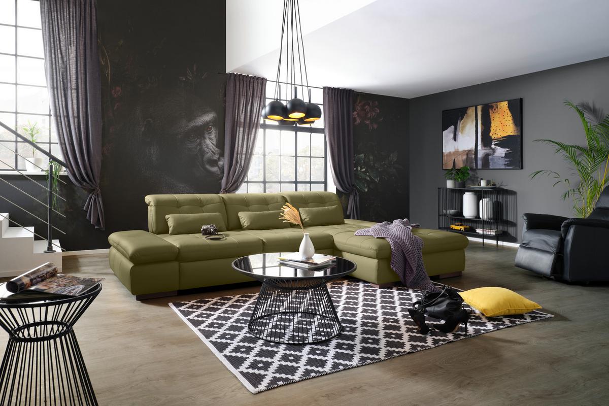 Rohová sedačka SANFINO, pravá, olivovozelená pravá koža - olivovozelená/chrómová, Konventionell, kov/koža (305/199cm) - Premium Living