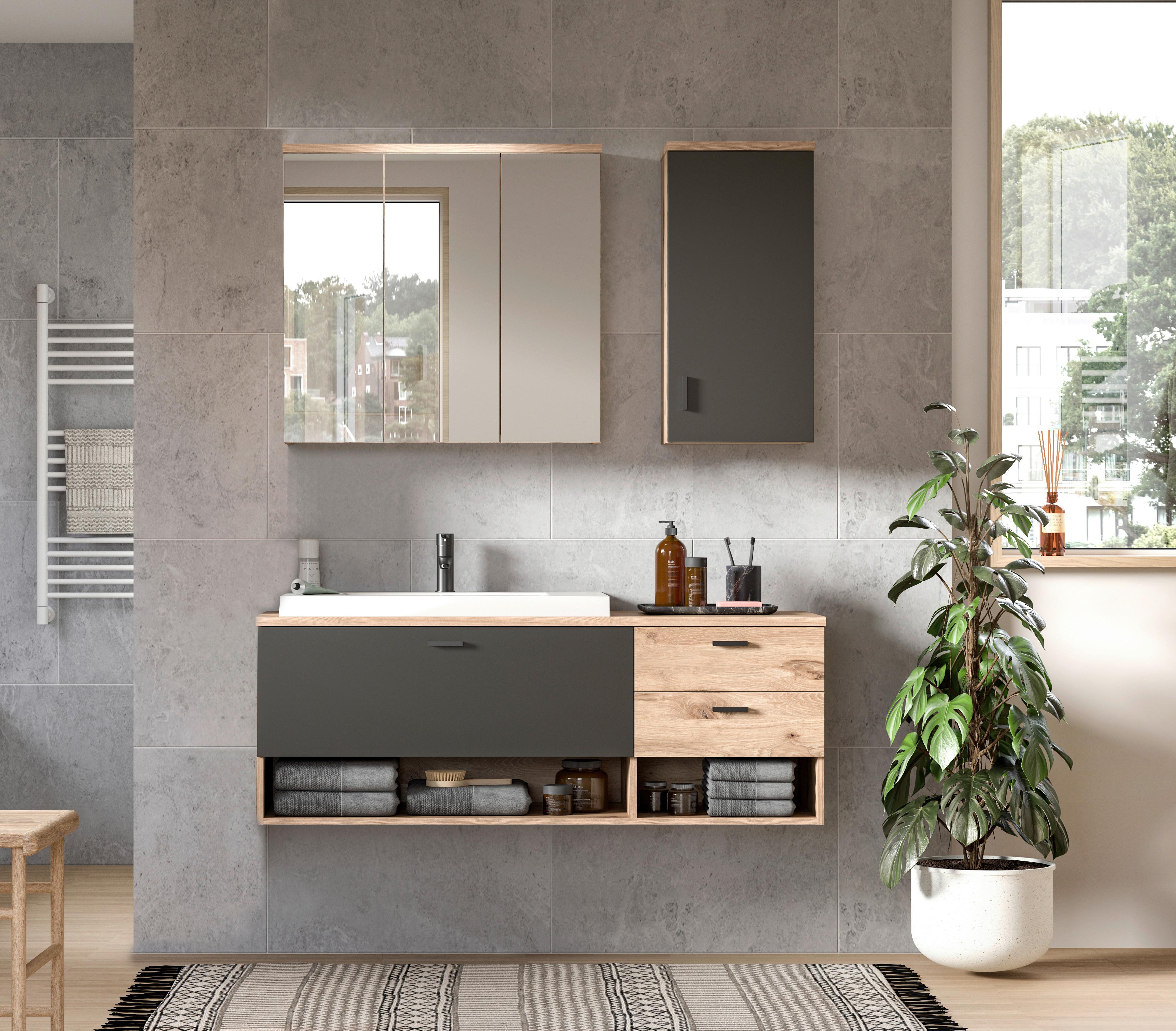 Badezimmer Grado Eiche Dekor/Grau - Dunkelgrau/Weiß Hochglanz, MODERN, Glas/Keramik (138cm) - MID.YOU