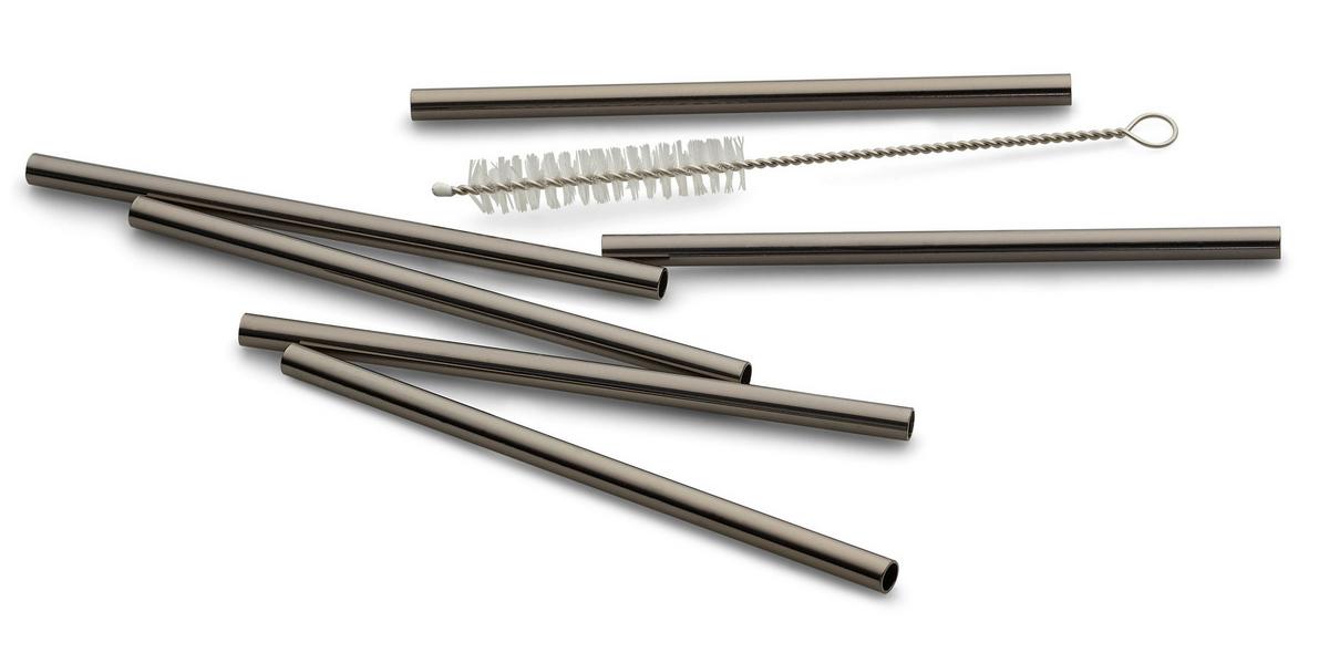 Trinkhalmset 6 Stück Inkl. Bürste, Metall, Schwarz - Schwarz Hochglanz, Basics, Metall (12cm) - Echtwerk