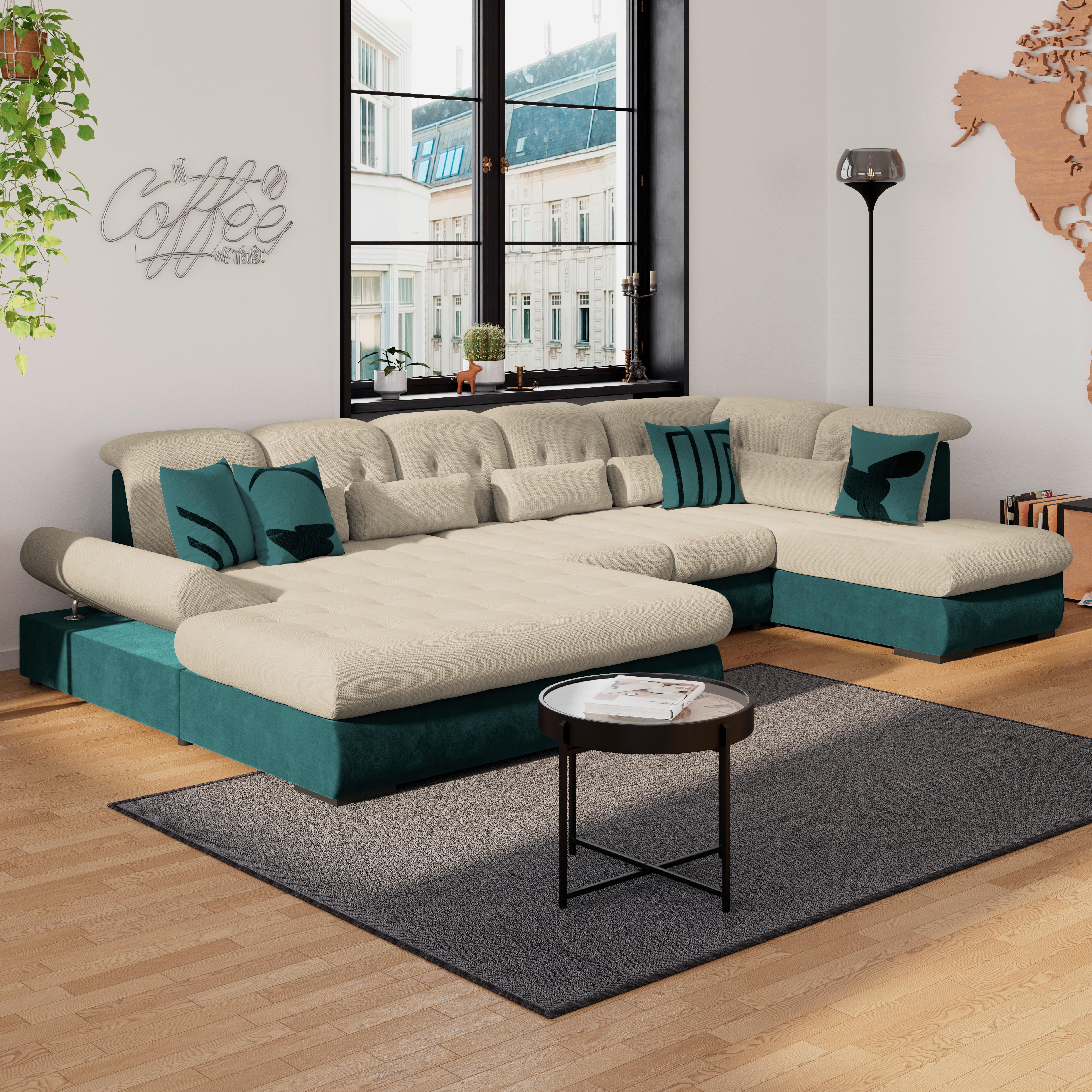 Wohnlandschaft Madera Cremefarben S: 358x212 Cm - Türkis/Creme, KONVENTIONELL, Kunststoff/Textil (190/358/212cm)