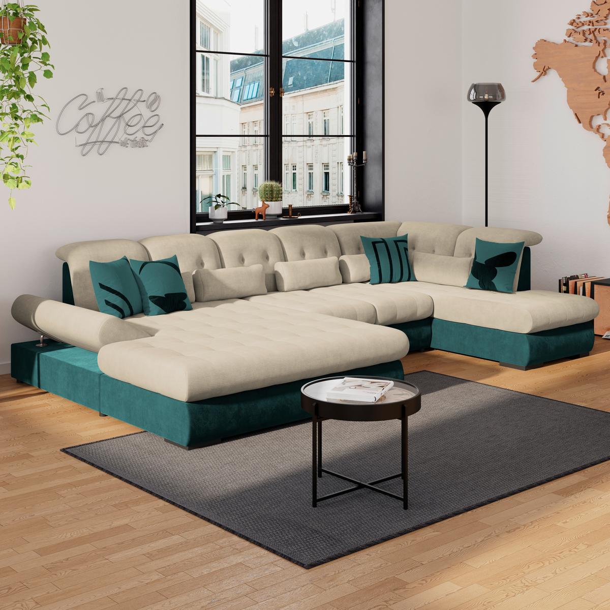 Wohnlandschaft Madera Cremefarben S: 358x212 cm - Türkis/Creme, KONVENTIONELL, Kunststoff/Textil (190/358/212cm)