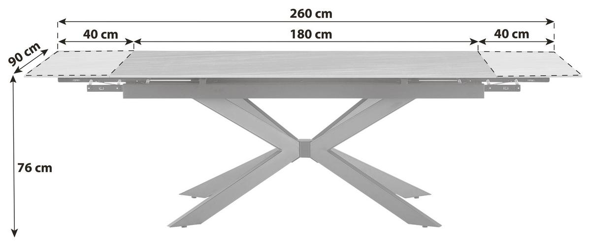 Ausziehtisch Andi Keramikplatte, Ausziehbar - Schwarz/Grau, MODERN, Keramik/Metall (180-260/76/90cm)