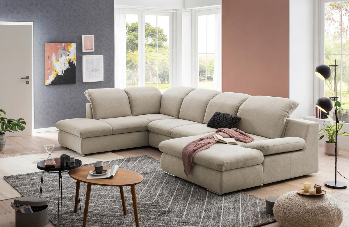 Wohnlandschaft Isona Creme Chenille - Chromfarben/Creme, Design, Textil (212/353/165cm) - Livetastic