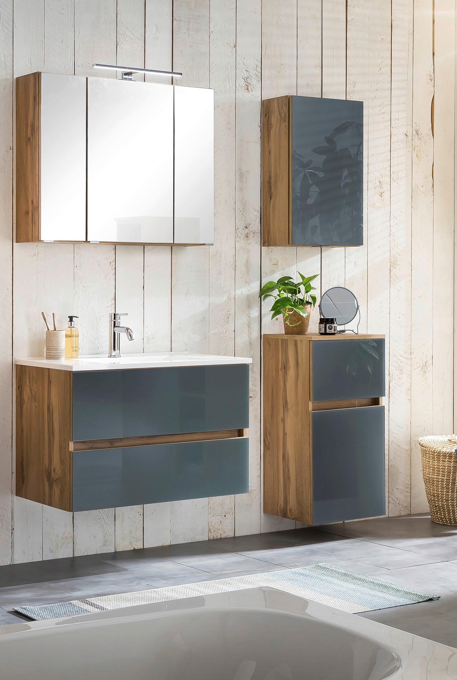 Badmöbel-Set 5--Teilig. inkl. LED Helsinki, Grau/Eiche - Eichefarben/Weiß, KONVENTIONELL, Glas/Holzwerkstoff (120cm) - Held