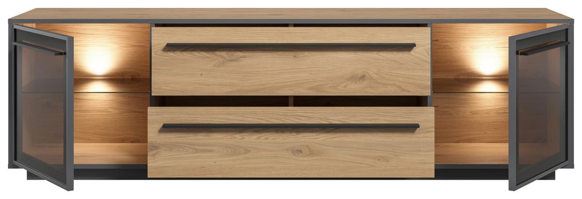TV-Lowboard Nadiro B: 187 cm Wildeiche Dekor/Schwarz Matt - Eichefarben/Schwarz, Trend, Glas/Holzwerkstoff (187/55/40cm) - Livetastic