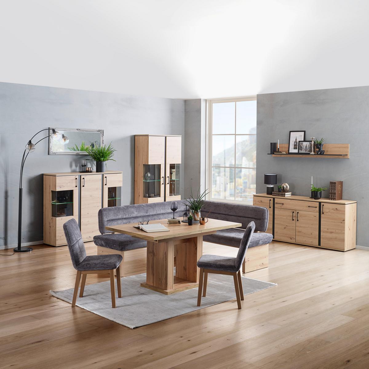 Highboard Mit Softclose B: 145 cm Nature Eiche Dekor/Schwarz - Eichefarben, KONVENTIONELL, Glas/Holzwerkstoff (145cm)