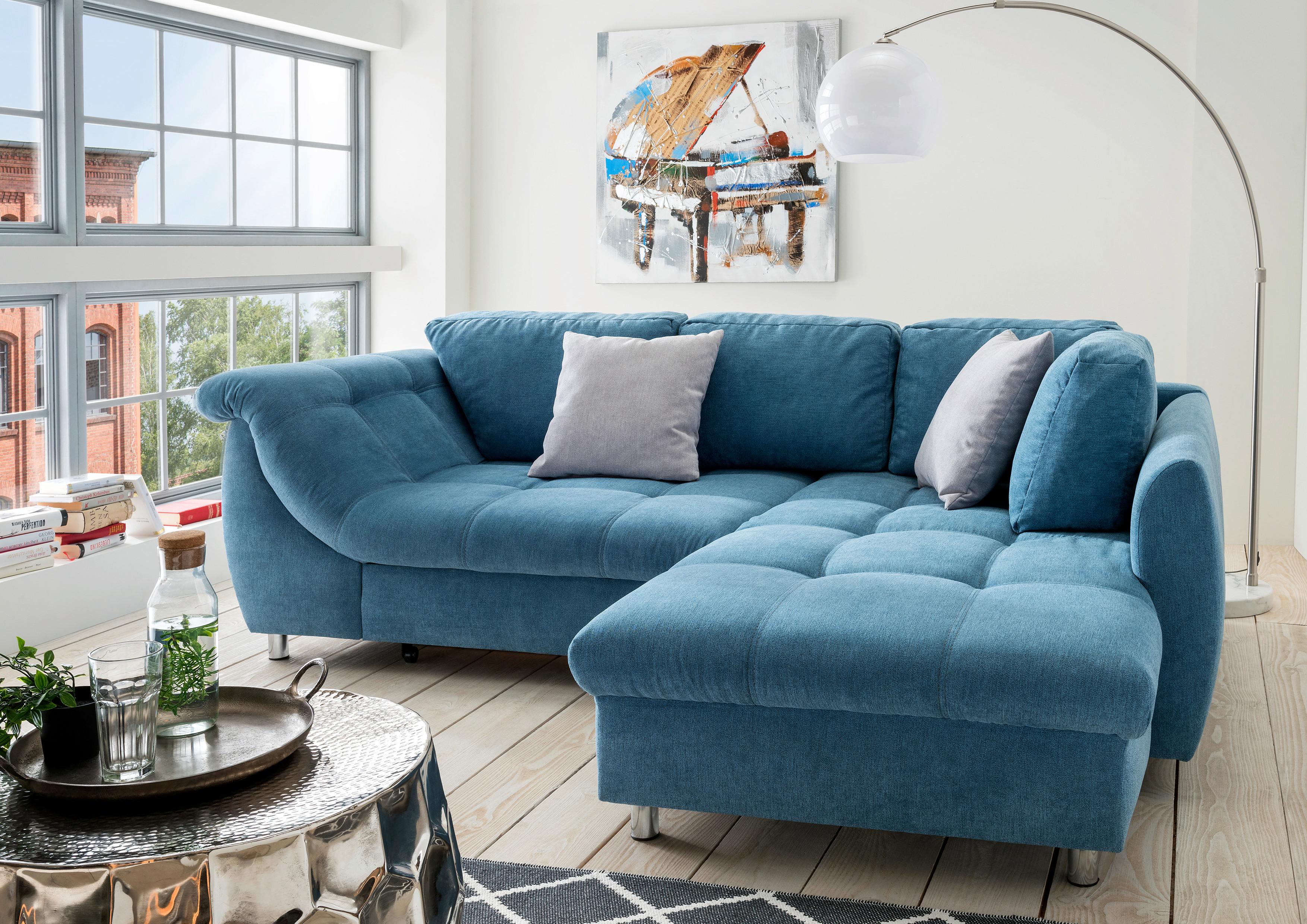 Ecksofa mit Schlaffunktion + Zierkissen Agira, Mikrofaser - Blau/Chromfarben, Design, Textil (250/190cm) - Livetastic