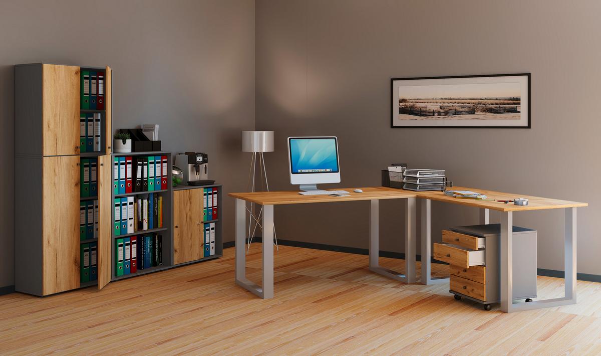 Schreibtisch Lona Silberfarben/Eiche D. L: 190cm - Honigeiche/Silberfarben, Design, Holzwerkstoff/Metall (190/130/76cm) - MID.YOU