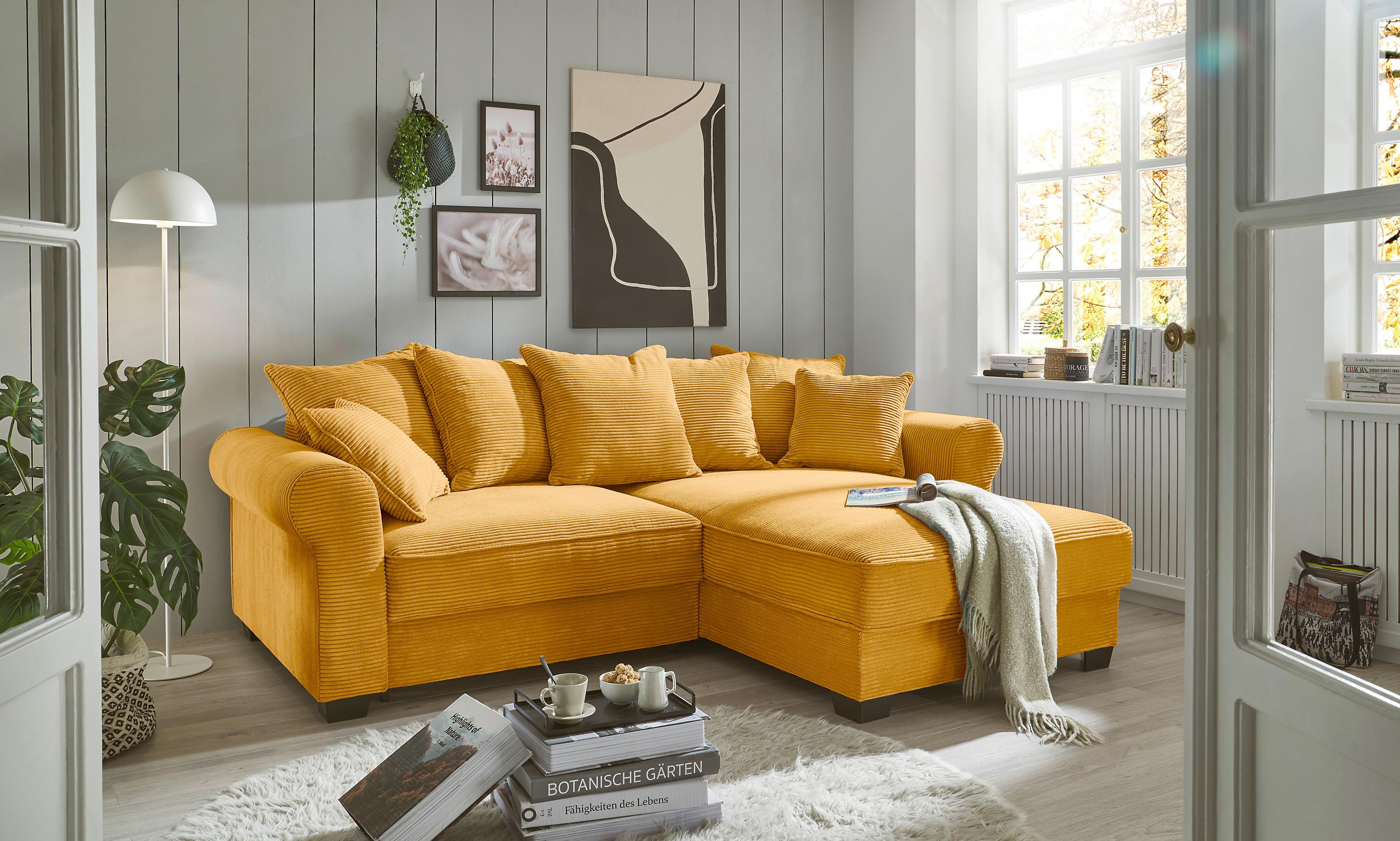 Ecksofa Maureen Gelb Cord - Gelb/Schwarz, KONVENTIONELL, Textil (255/185cm) - MID.YOU