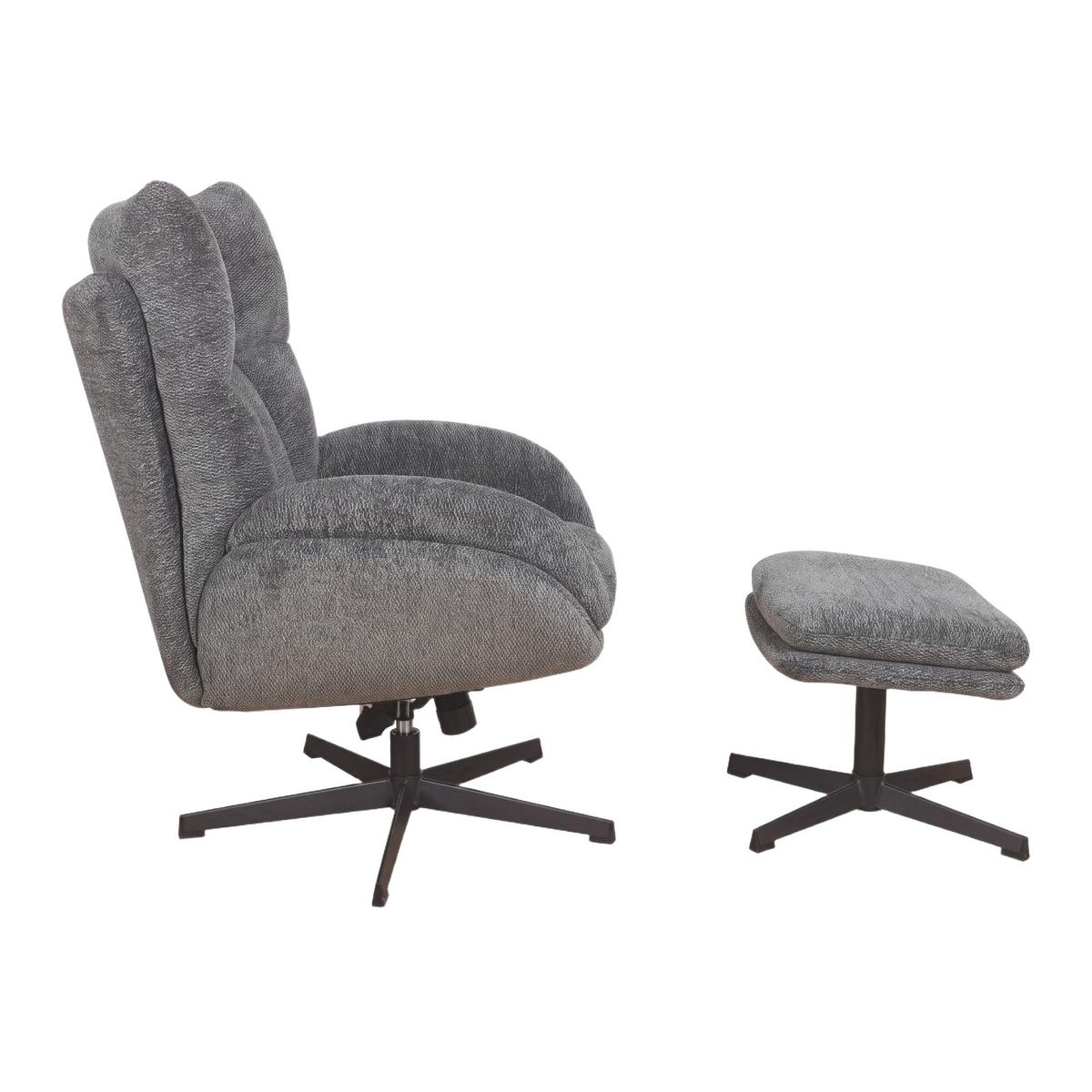 Relaxační křeslo HOUSTON, tm.šedá žinylka, s taburetem - černá/tmavě šedá, Moderní, kov/textil (76/101/87cm)
