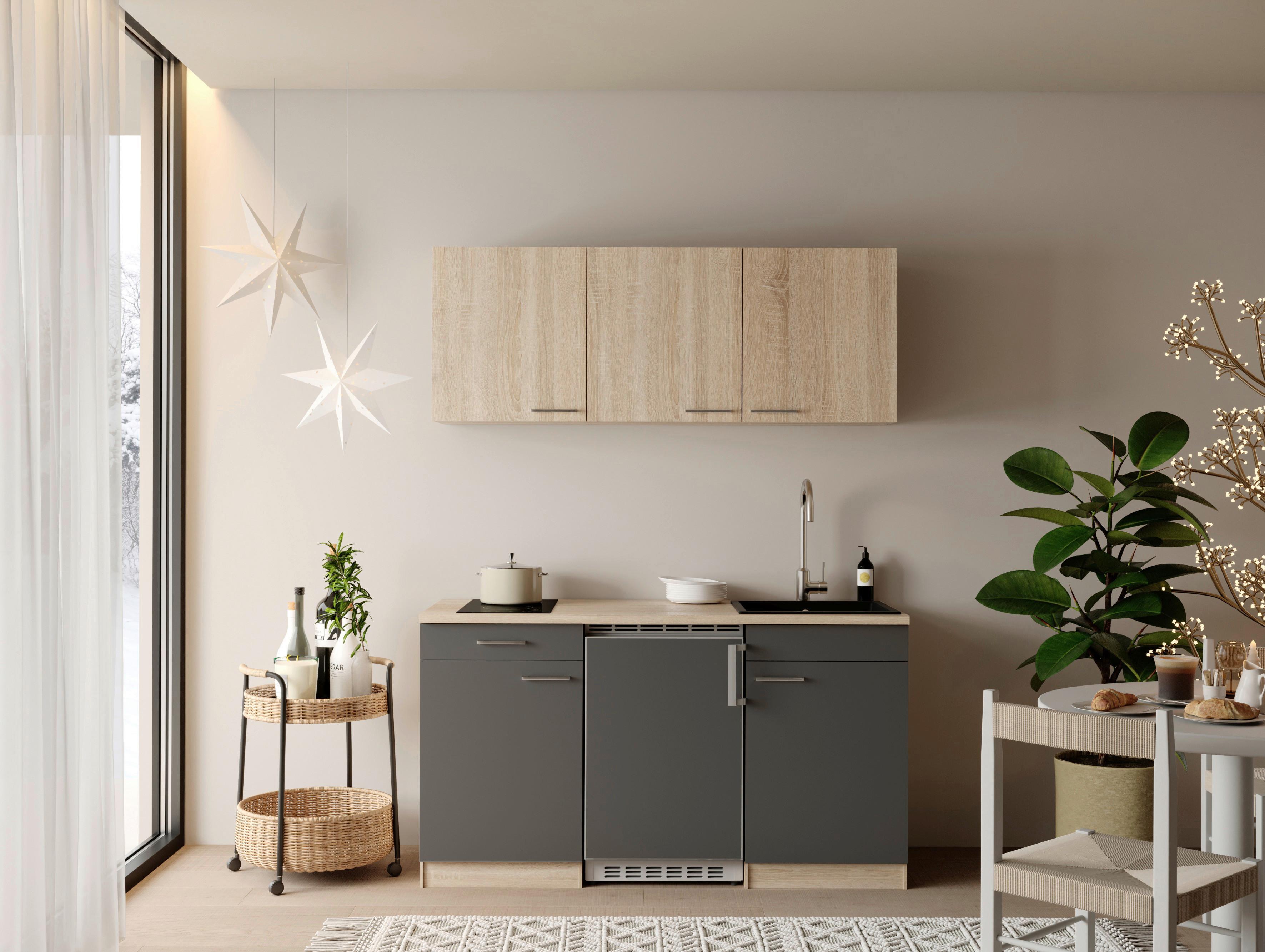 MINIKÜCHE Ingrid, Grau B: 150 cm - Eichefarben/Grau, Design, Holzwerkstoff (150cm) - Respekta
