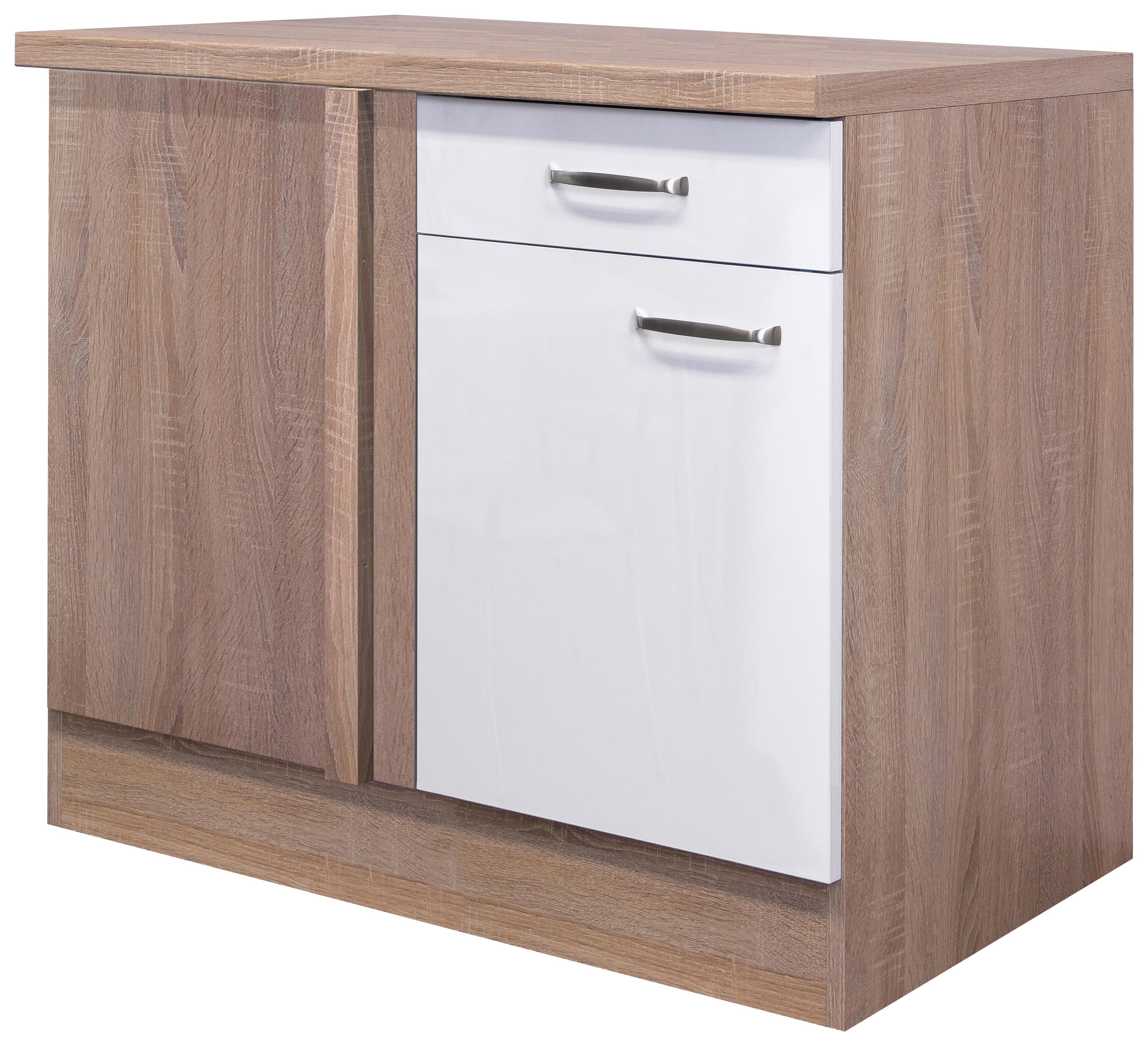 Rohová spodná skrinka VENEZIA - VALERO biela 110cm - biela s vysokým leskom/farba ušľachtilej ocele, Modern, kov/kompozitné drevo (110/86/60cm) - FlexWell