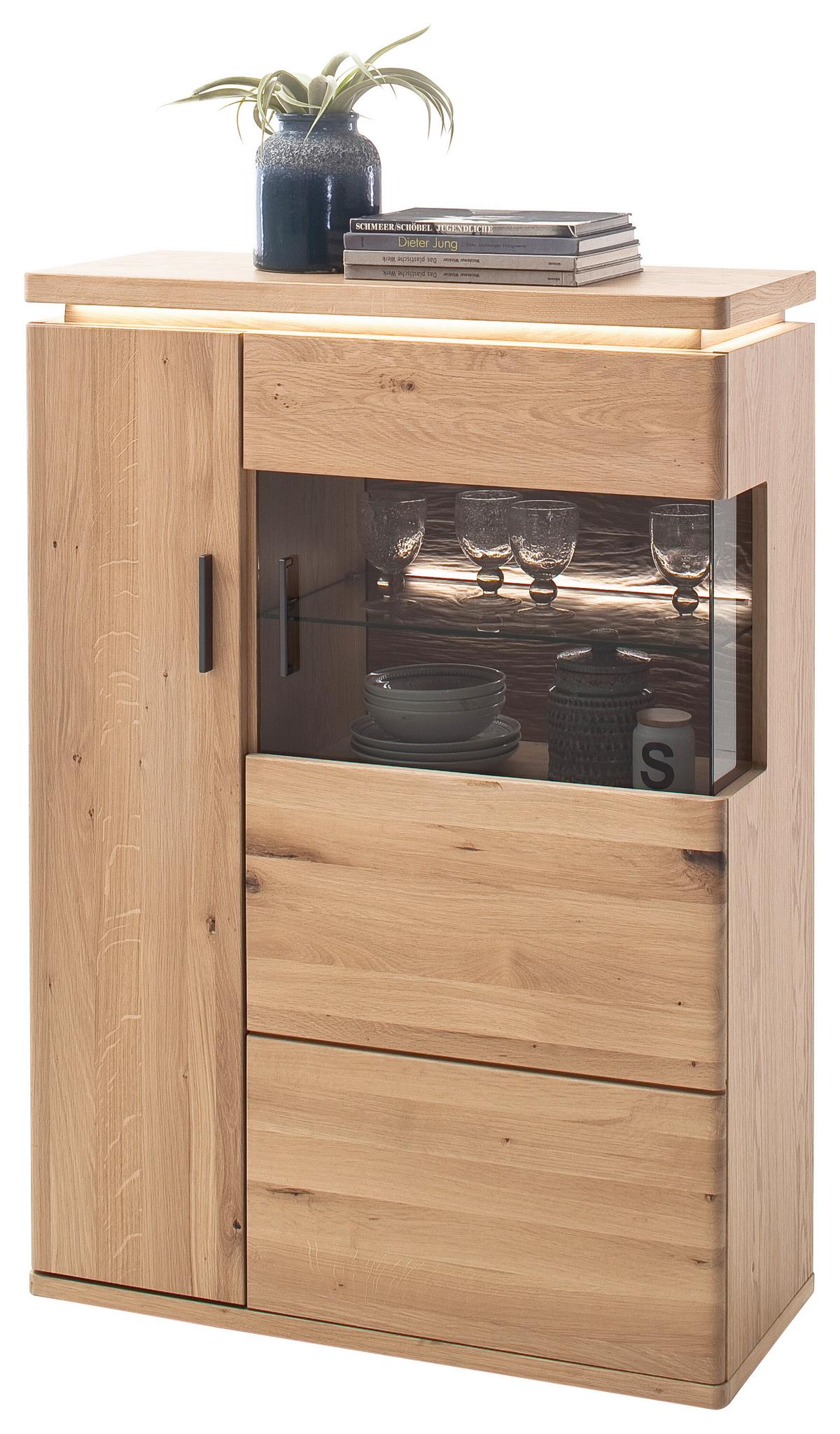 Highboard teilmassiv B: 90 cm Barcelona Eichefarben - Eichefarben, Design, Glas/Holz (90/128/37cm) - Livetastic