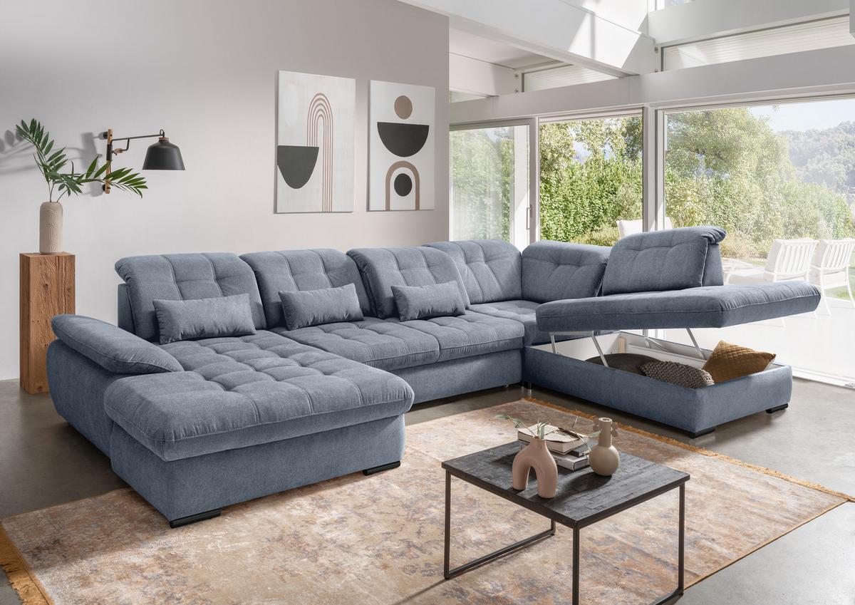 Wohnlandschaft Mit Bettkasten Rigatti Hellblau B: 387 Cm - Schwarz/Hellblau, MODERN, Textil (184/387/252cm) - Livetastic