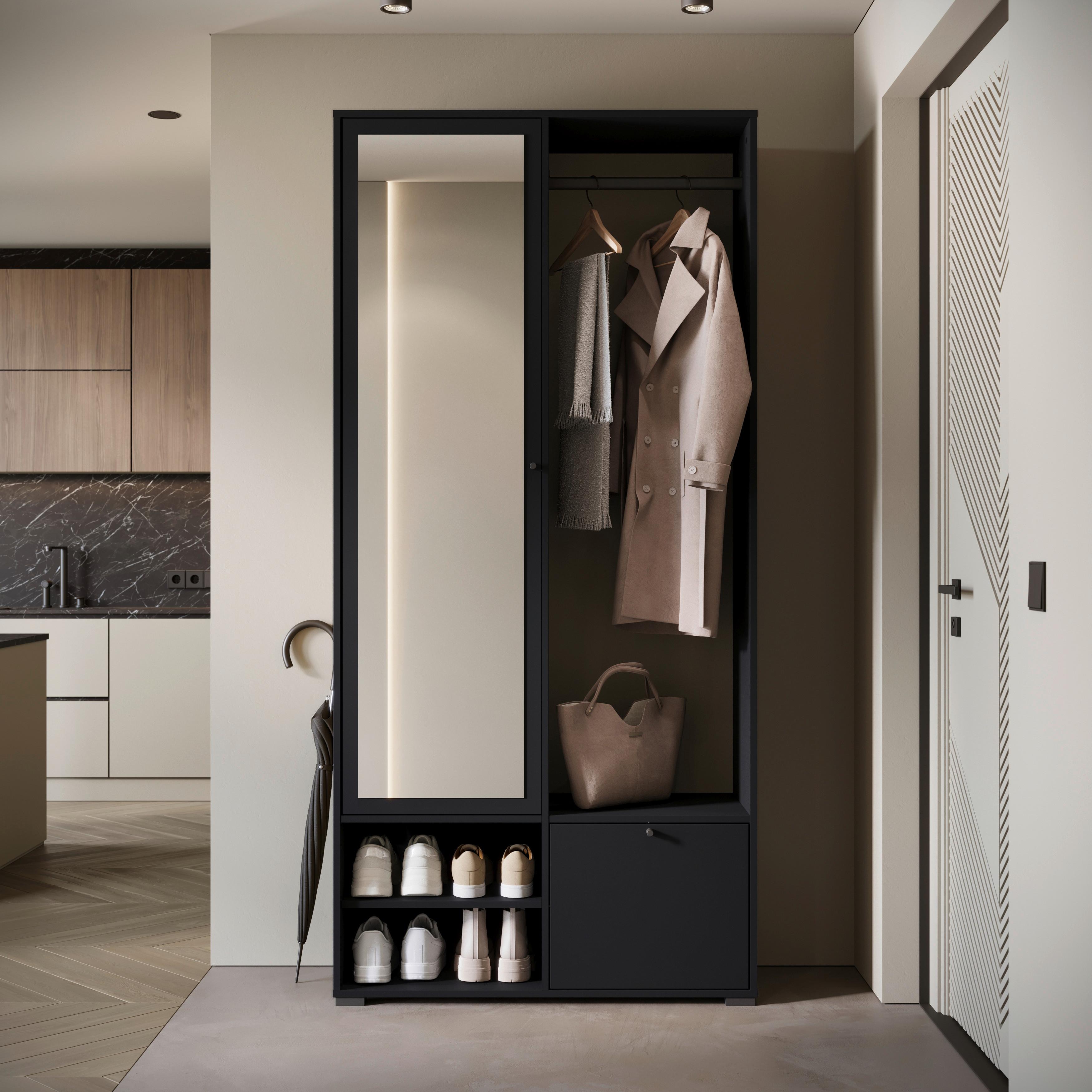 Garderobe Dino Schwarz Matt B: 90 Cm - Schwarz, Trend, Holzwerkstoff (90/190/33cm) - MID.YOU
