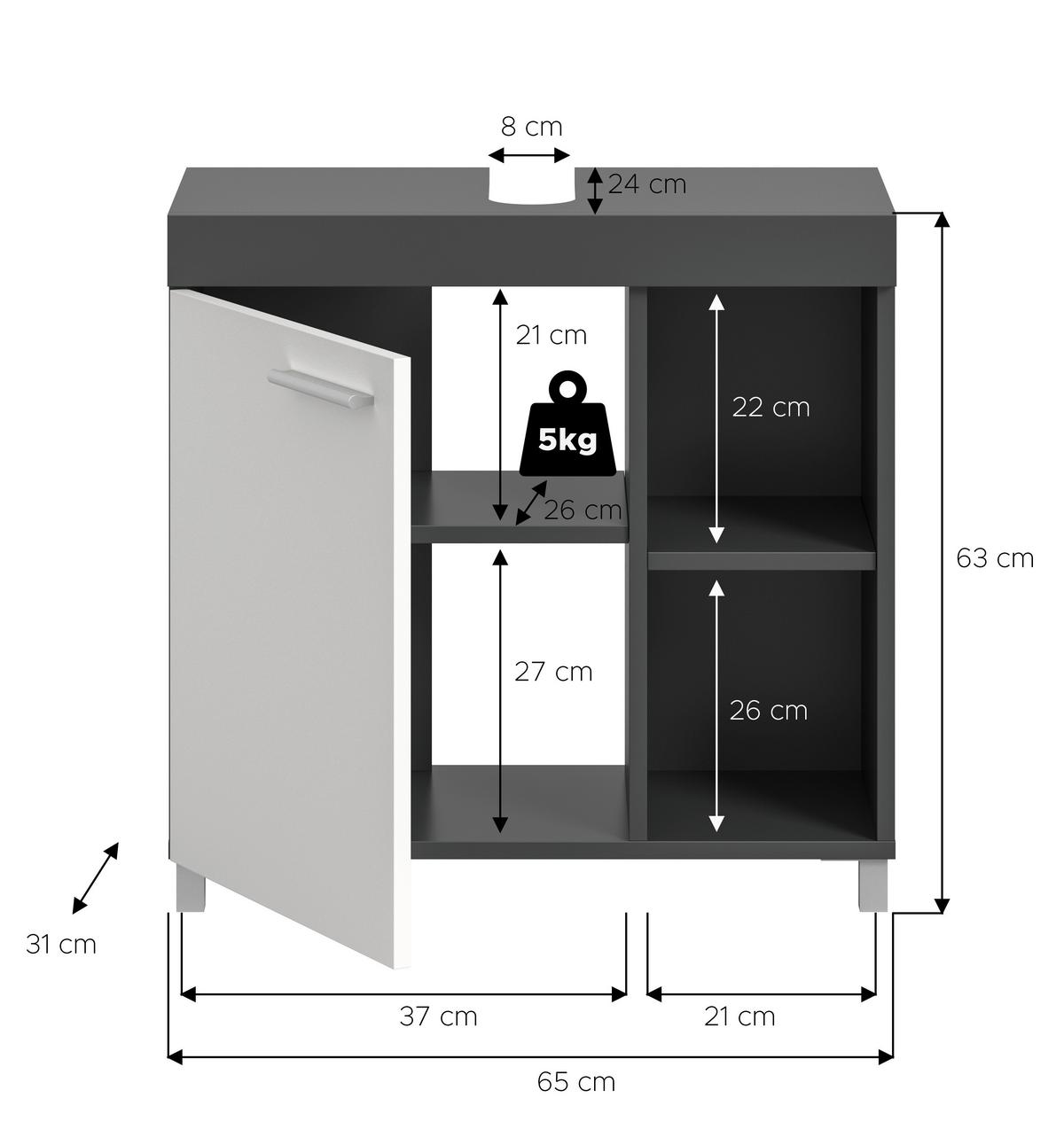 Waschbeckenunterschrank Noah Anthrazit/Weiß B: 65cm - Anthrazit/Silberfarben, Trend, Holzwerkstoff (65/63/31cm) - MID.YOU