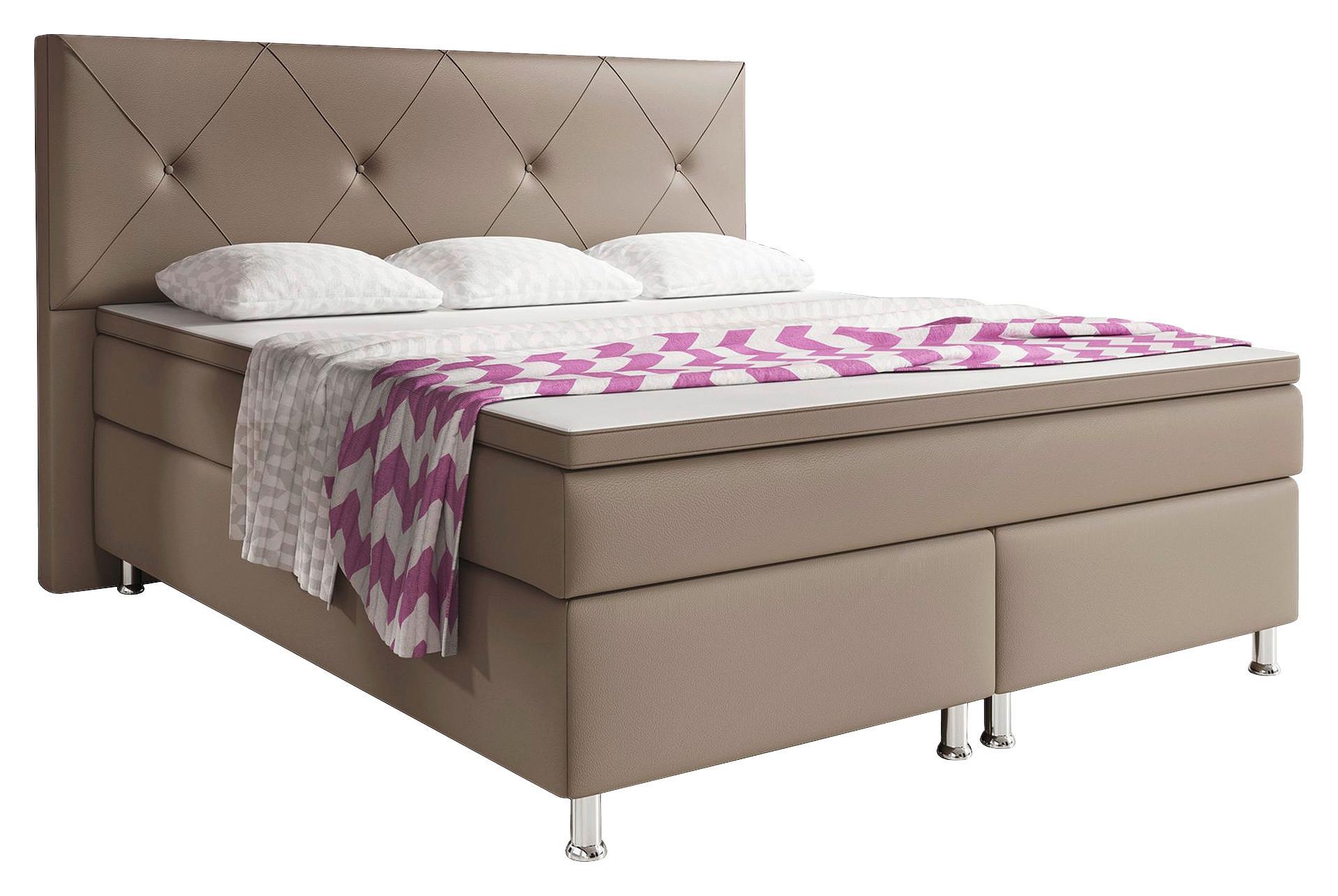 Boxspringbett Mit Topper Lederlook 200x180 Cm Oxford - Silberfarben/Cappuccino, KONVENTIONELL, Leder/Textil (200/125/210cm) - MID.YOU