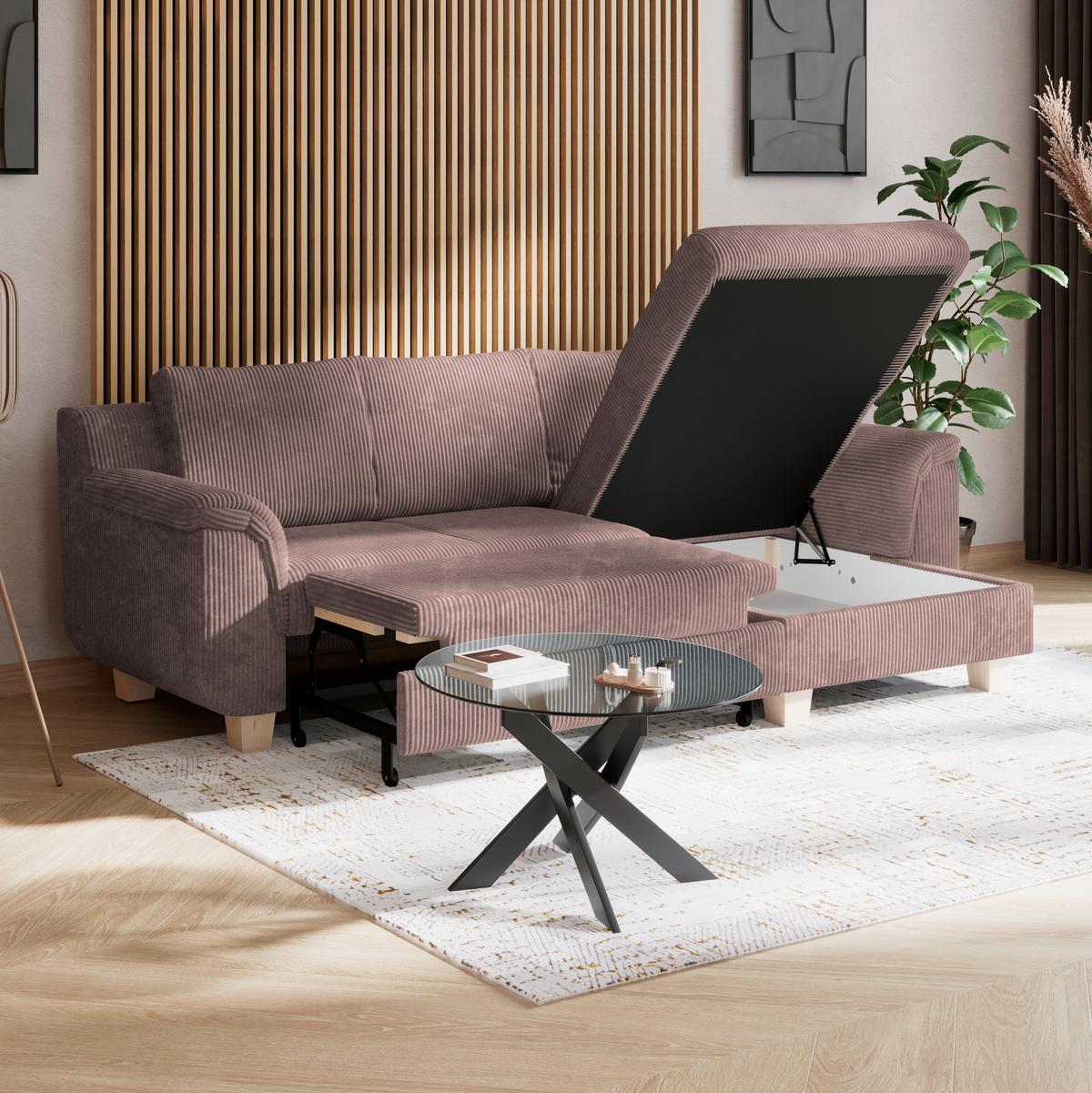 Rohová sedačka ALEX, růžový manšestr - růžová/přírodní barvy, Moderní, textil/plast (246/88cm)