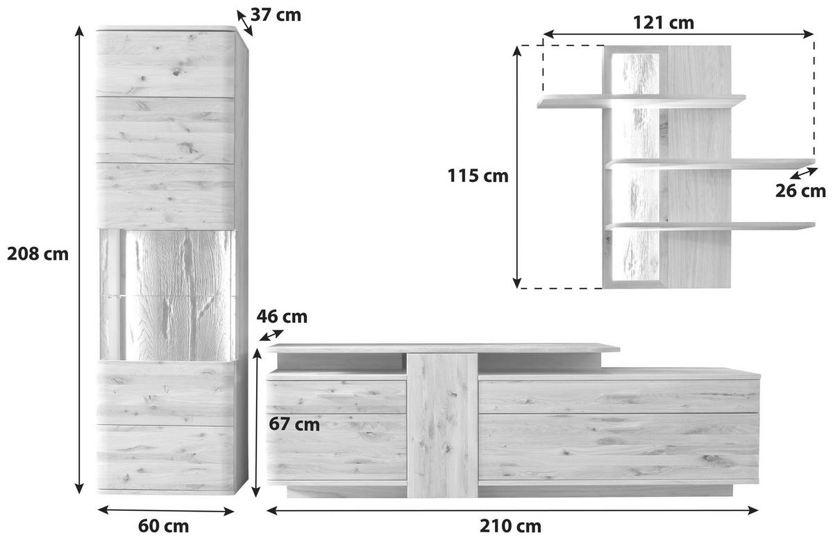 Santori Eiche teilmassiv - Eichefarben/Schwarz, Design, Glas/Holz (320/208/45cm) - Livetastic
